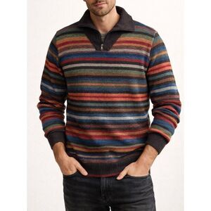 Novica Men’s Pullover Sweater Alpaca Striped Multicolor quarter zip Made in Peru